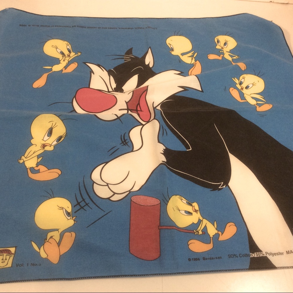 Vintage Looney Tunes Yellow Tweety Bird Black Sylvester Cat Bandana Square Scarf